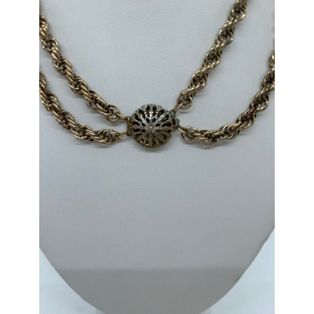 Faux Pearl Necklace Crystals Gold-tone Rope Chain Two Strand Strand Vintage - Picture 9 of 14
